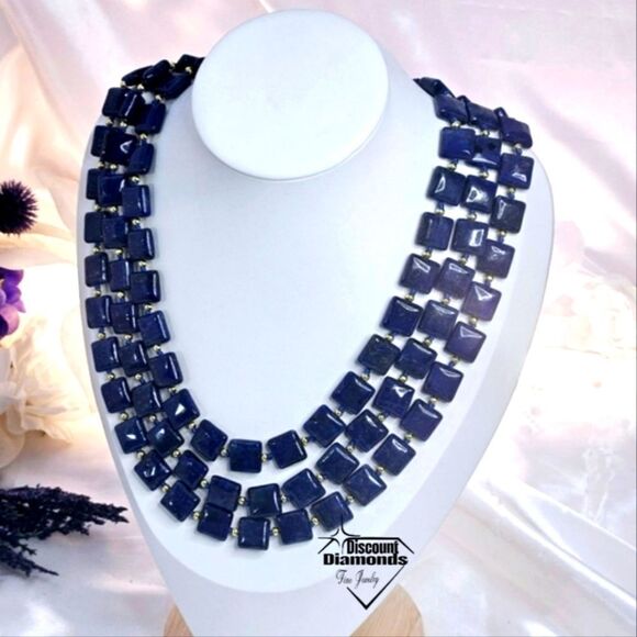 Natural Deep Blue Lapis Lazuli 12mm Flat Square Triple Strand Necklace 14K Gold - Picture 3 of 9